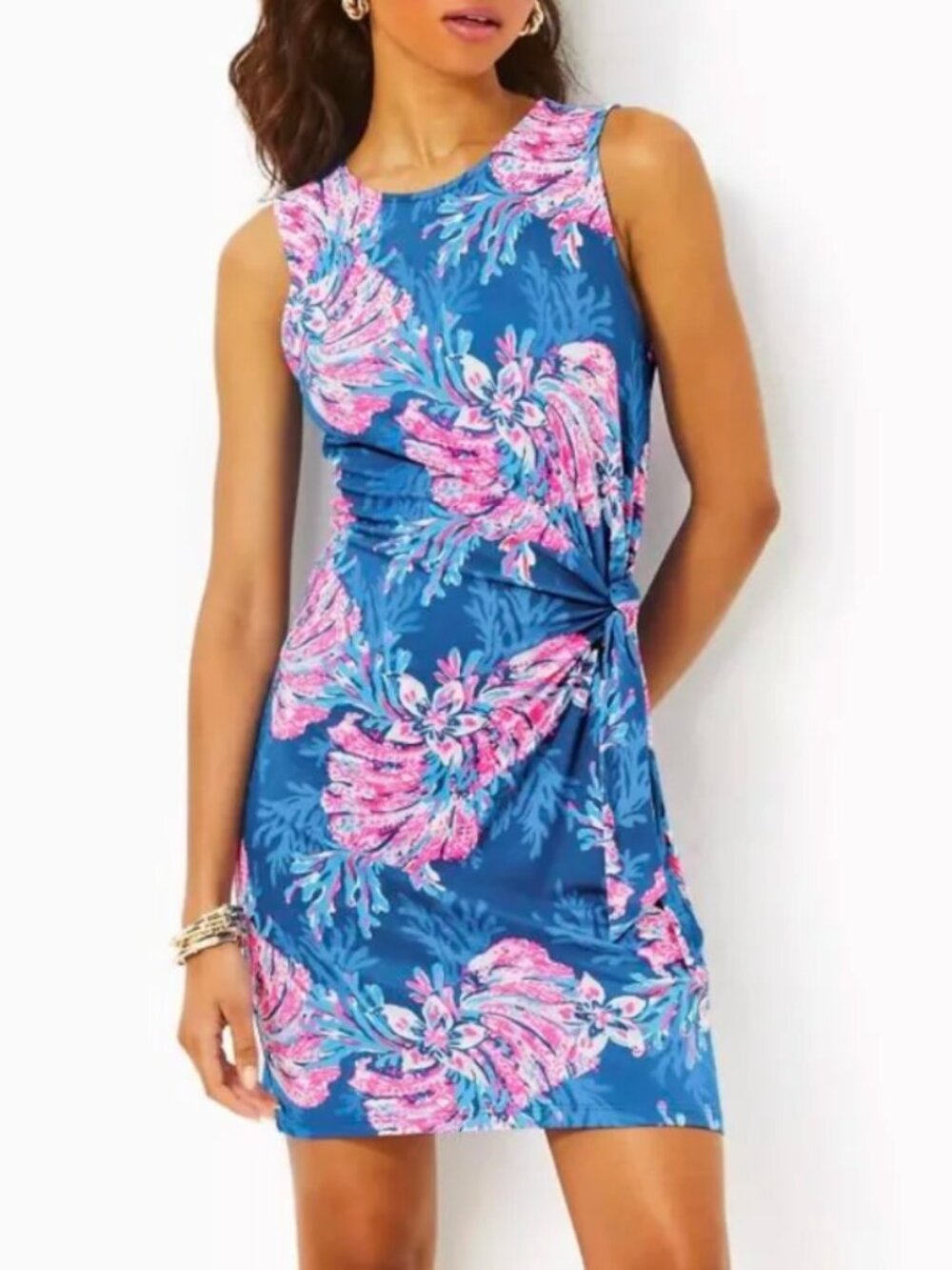 LILLY PULITZER Bryson Sleeveless Dress Multi for the Fans Blue Pink Faux Wrap L